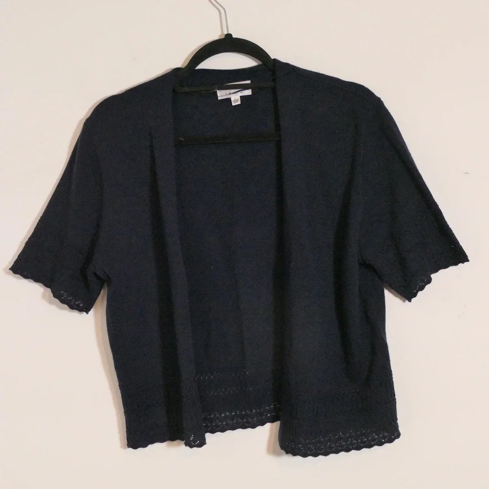 Signature by Robbie Bee Womens Cardigan L Navy Crochet Trim Preppy Layering